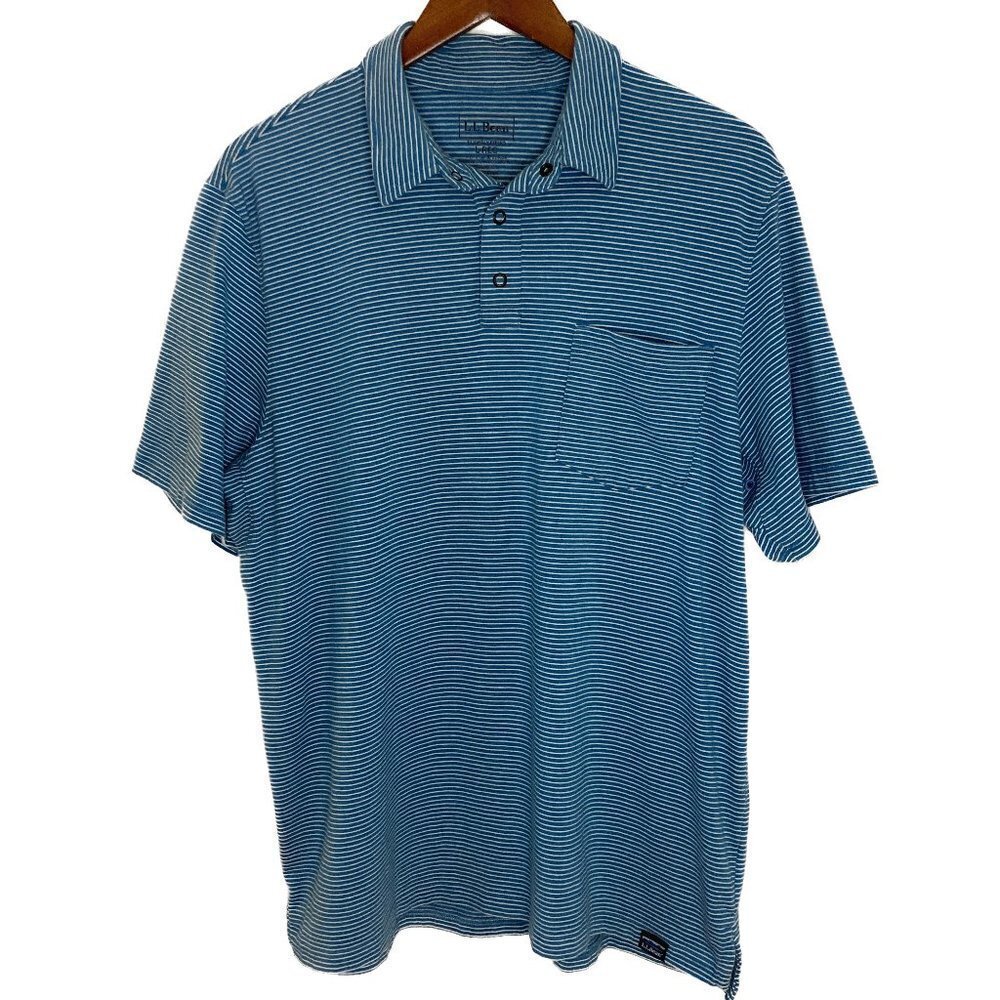 L.L. Bean Blue and White Striped Slightly Fitted Polo Size Large
